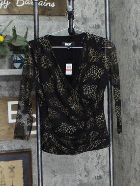 Dkny Women S 3 4 Sleeve Printed Mesh V Neck Top P33Hvris Xs Sz XS